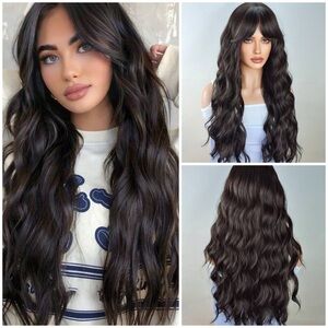 🆕 Dark Chocolate Brown Long Wavy Curly Hair Wig Bangs Synthetic Fibre 28”